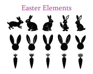 Easter elements silhouette set , rabbit vector, carrot illustration on white background