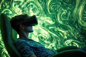 Young man immersed in a virtual reality experience, surrounded by swirling green visuals.