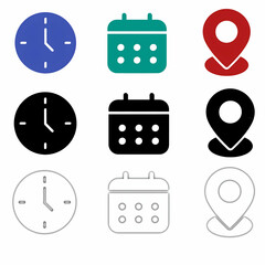 Time, date and address or location icons. Time, date and address vector collection,vector set of flat icons for web