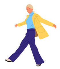 Business woman walking side view. Pretty blond girl in smart casual office outfit. Vector realistic illustration isolated