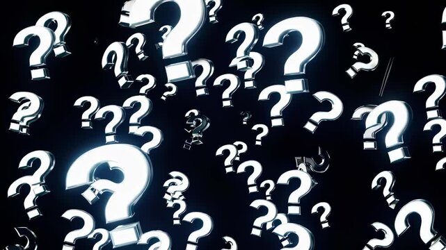 Dynamic video concept with glowing question marks floating in a dark space. Captured from a low-angle, creating a sense of mystery and curiosity.