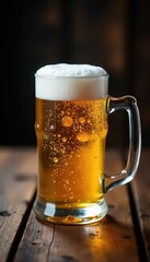 Frothy beer fills a frosty mug, resting on a rustic wooden table , bar, background, dark