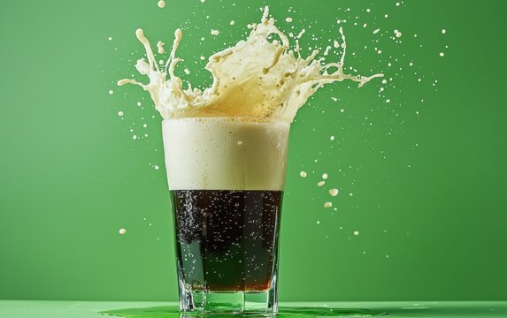 Levitating Irish car bomb cocktail with creamy foam splash on lime green background Saint Patrick Day