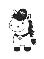 Fototapeta premium This pirate horse character dons a skull and crossbones hat, combining humor and adventure for a fun and whimsical design suited for children's books and games.