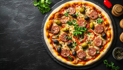 Tasty pizza with dry smoked sausages, olives, pepper and parsley on black table, top view. Space for text