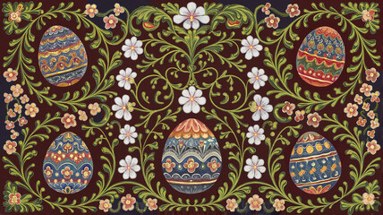 Intricate Slavic-inspired folk art Easter illustration with beautifully decorated eggs and floral motifs