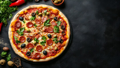 Tasty pizza with dry smoked sausages, olives, pepper and parsley on black table, top view. Space for text