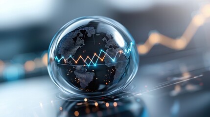 A crystal globe with a world map and financial graph overlay, symbolizing global finance and technology.