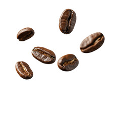 Flying coffee beans above a pile of ground coffee. PNG transparent.