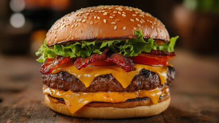 delicious cheeseburger featuring layers of melted cheese, crispy bacon, fresh lettuce, and ripe tomato, all nestled in sesame seed bun, evokes mouthwatering experience