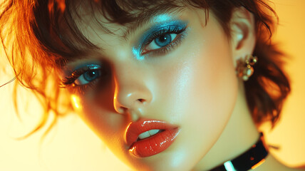 Fototapeta premium close-up beauty photo of a girl wearing metallic blue eyeshadow