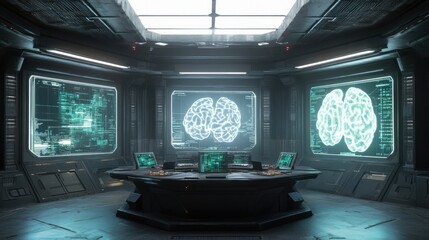 Futuristic Neural Network Control Room: Teal Interface and Brain Scans