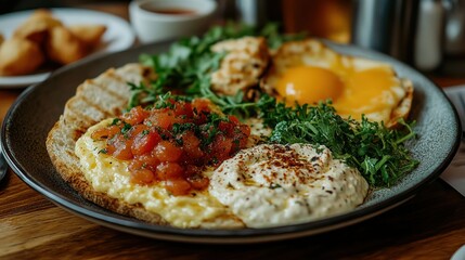 Restaurant breakfast plate with eggs, toast, hummus, tomato salsa, and greens