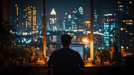 Obraz premium nighttime office scene with single employee working at computer, surrounded by plants and city lights in background, creating focused and serene atmosphere