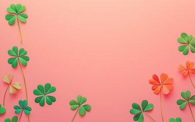 Minimalistic background with shamrock pattern Saint Patricks Day on gradient pink-orange