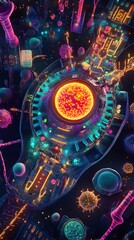Aerial view of stylized animal cell city organelle depicted infrastructure vibrant neon color cinematic perspective high fidelity golden hour lighting intricate urban detail glowing nucleus center
