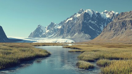 Melting Glacier Stream Amidst Majestic Mountains Illustrating Climate Change Effects