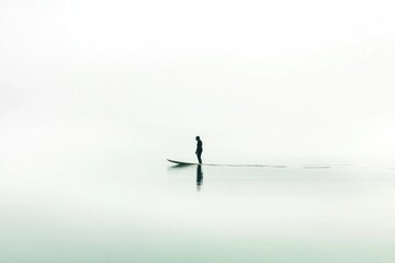 Naklejka premium Solitary figure paddleboarding on a calm, foggy lake, a serene and minimalist scene.