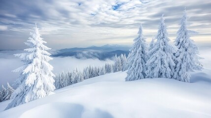 Obraz premium Snow Covered Evergreen Trees in Winter Landscape with Cloudy Sky View