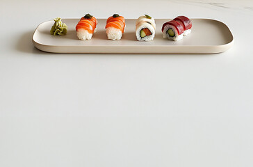 This elegant sushi dish features fresh salmon, eel and shrimp on soft rice. The colorful rolls combine fusion flavors with classic Japanese cuisine. On a white background with space for text..