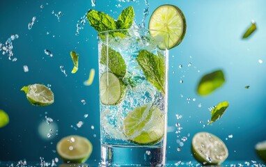 A tall mojito glass with lime slices and mint leaves bursting in all directions, vibrant cyan background