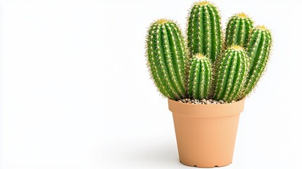 Vibrant Green Cactus in Terracotta Pot on White Background A Close-up Studio Shot of a Unique Desert Plant
