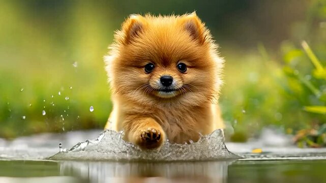 Playful Pomeranian puppy running through water splashes in a garden setting