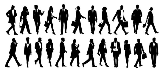 Silhouettes of business people walking, men and women full length front, side, back view. Vector illustrations isolated black on white background . Avatar, icons for website.