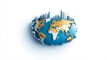 3D globe showcasing continents and a vibrant city skyline. The blue ocean contrasts with golden landmasses. This representation emphasizes global connectivity and modernity