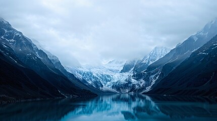 Serene glacial lake surrounded by snow-capped mountains and misty clouds.