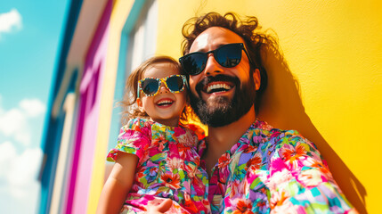 A happy father and daughter in matching floral outfits and sunglasses enjoy a sunny day, smiling against a vibrant yellow wall