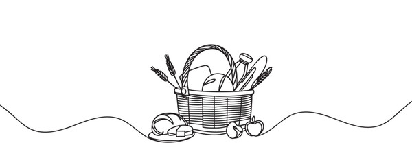 Continuous one line design of picnic basket. Vector illustration in minimalistic style isolated on white background