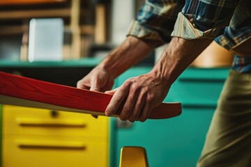 Obraz premium A craftsman carefully handles a piece of vibrant red wood, showcasing meticulous woodworking skills.