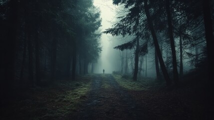 Mysterious figures walking through a foggy forest path surrounded by tall dark trees