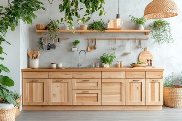 Wooden kitchen interior with plants, hanging utensils, sink, and organized shelves