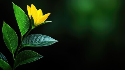 Yellow flower, green leaves, dark background, nature, website banner