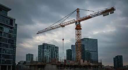 A bright yellow crane against a clear blue sky, actively shaping the future of the city.