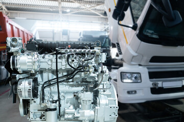 Fototapeta premium Disassembled engine at a truck repair service
