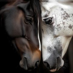 Portrait of two horses one dark and the other white