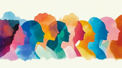 Diversity of Thought: A colourful row of overlapping head silhouettes suggesting unity, community, connection and diverse perspectives