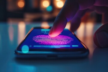 A finger scans a fingerprint sensor on a smartphone screen for authentication and security.