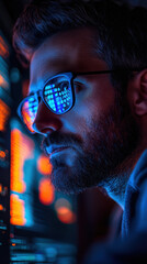 Software developer with glasses reflecting code
