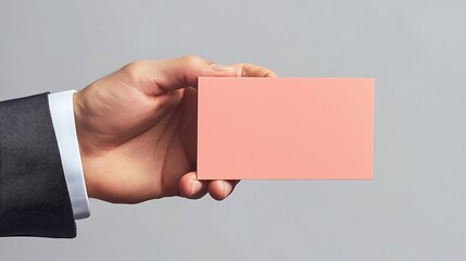 Professional businessman hand presenting a plain coral pink business card, solid light gray background, no shadow,