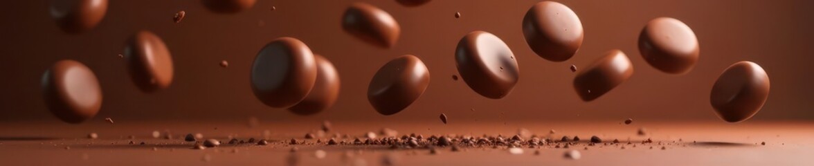 Fototapeta premium Chocolate drops falling horizontally in mid-air, seamless motion, still life, chocolate drops, falling objects