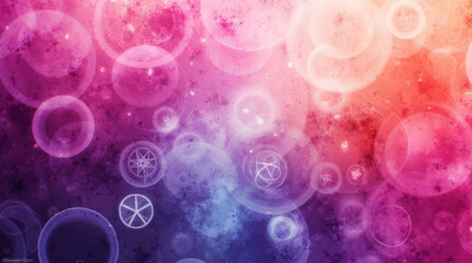 Generative AI abstract art featuring a vibrant collection of transparent bubbles in shades of pink, purple, and blue, with intricate circular symbols within some of them