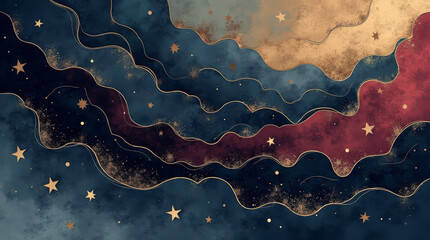 Obraz premium Generative AI abstract art featuring layered, wavy shapes in shades of red, blue, and gold, resembling a stylized cloudscape or celestial scene. Small, star-like accents