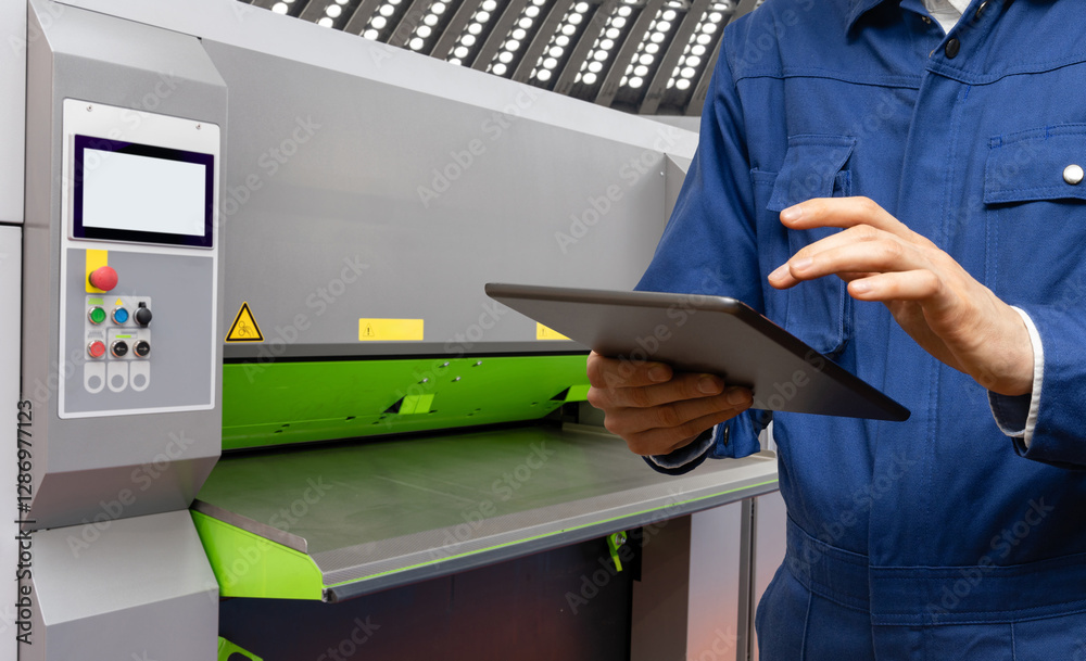 Fototapete engineer uses a digital tablet to control cnc in a smart factory. smart industry 4.0 concept.