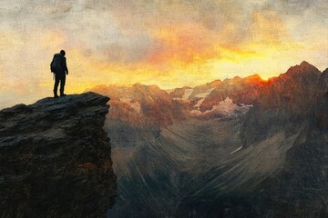 A lone hiker silhouetted against a breathtaking sunset over a majestic mountain range, showcasing the beauty of nature and the spirit of adventure.