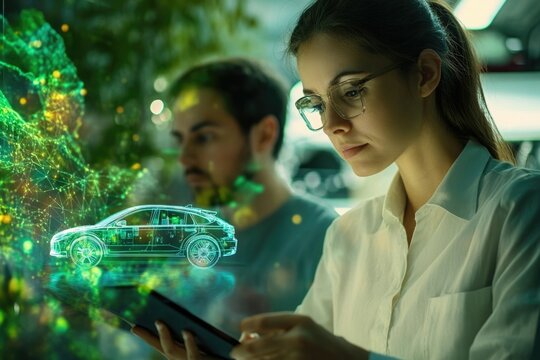 Woman engineer designs futuristic electric car using digital technology, focusing on sustainable mobility and smart features.