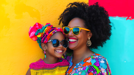 A joyful black mother and daughter in colorful outfits and sunglasses smile together against a vibrant multicolored background, radiating love and happiness